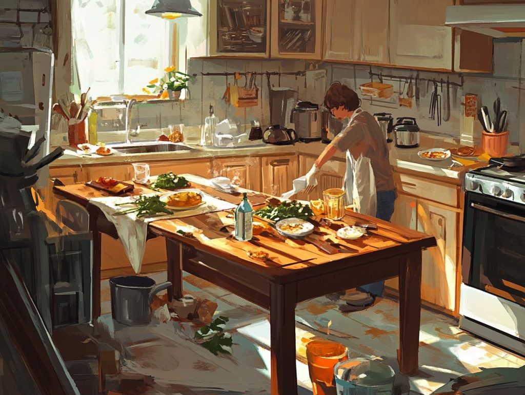 A drawing of a woman cleaning her chaotic kitchen
