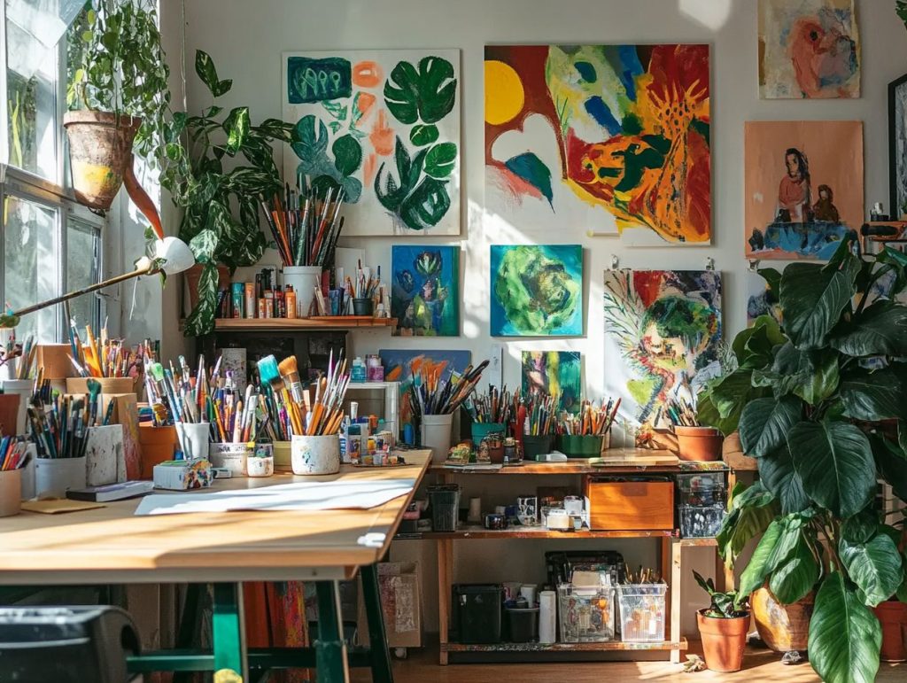 Perosnal home art studio with watercolours on the wall
