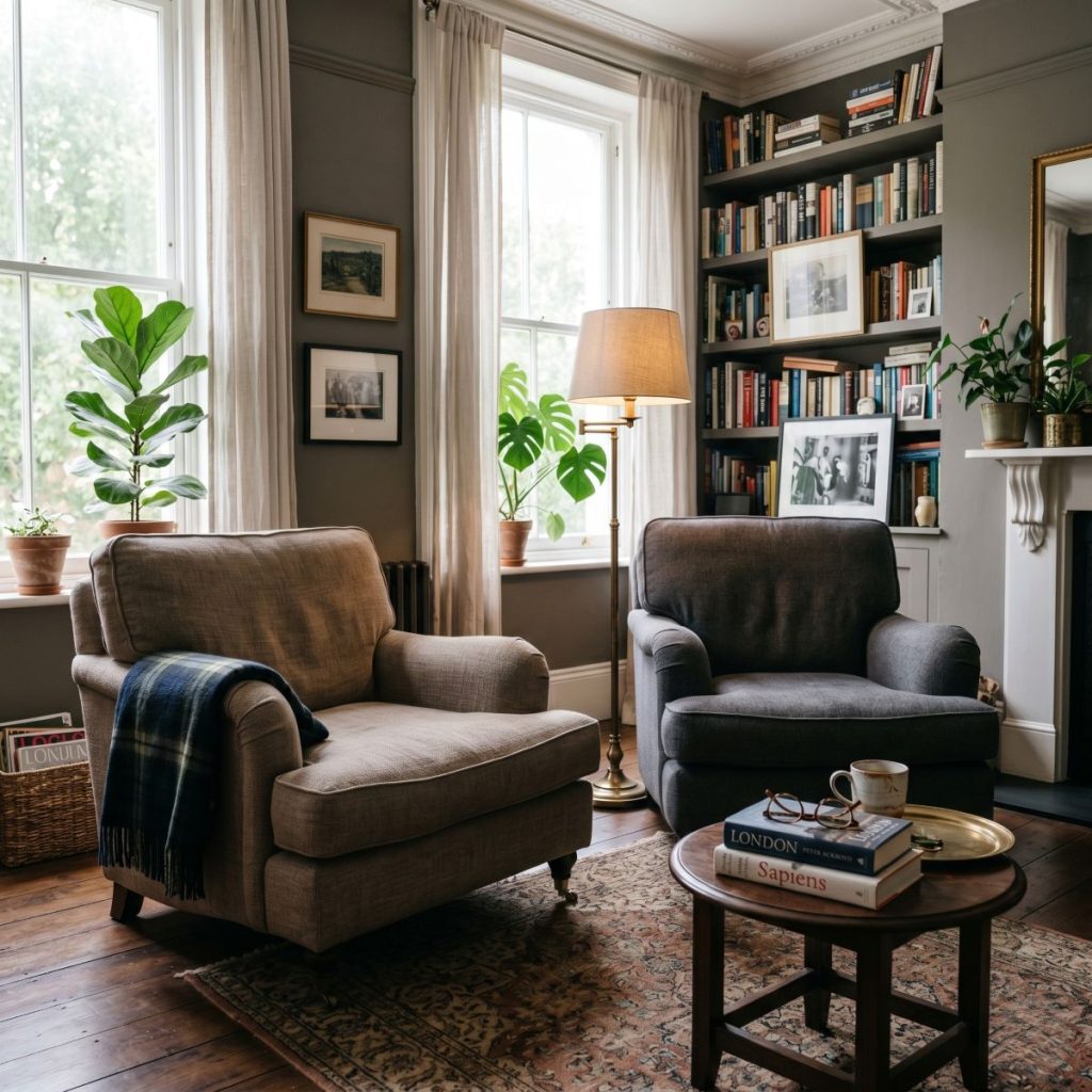 two large upholstered armchairs in a lived-in London apartment living room