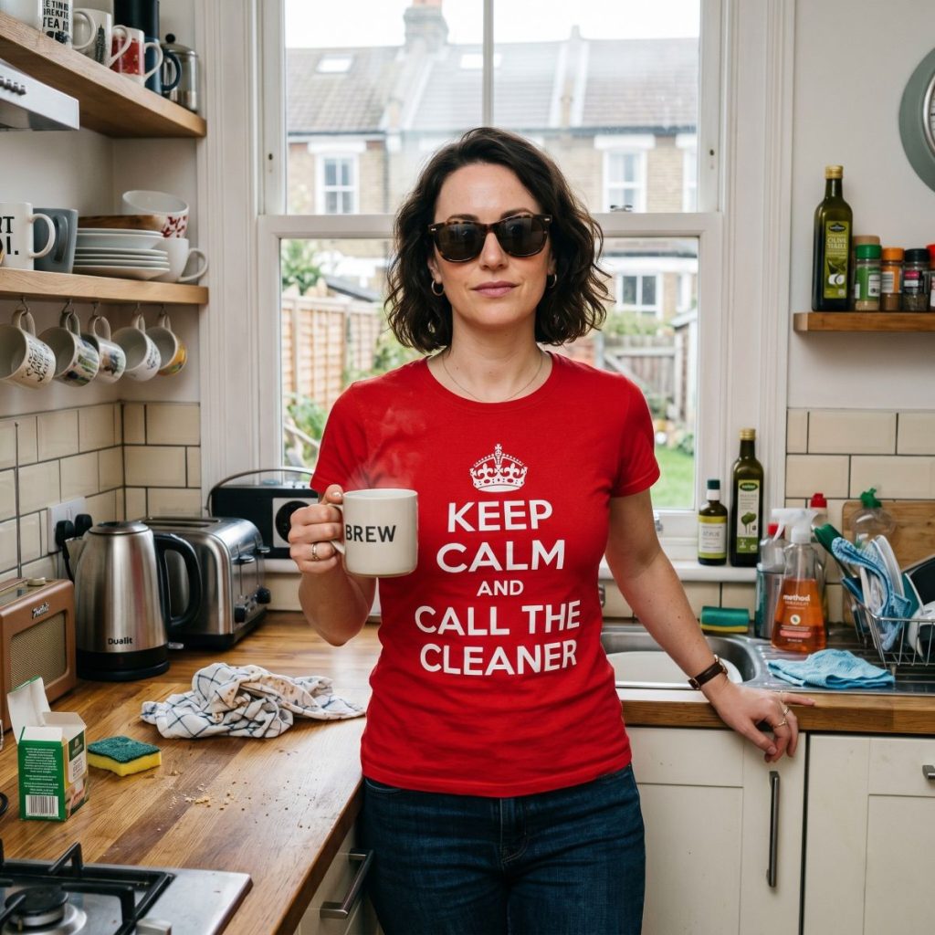A confident London woman in her early 30s stands casually beside a kitchen counter, projecting a no-nonsense attitude and dry British humour