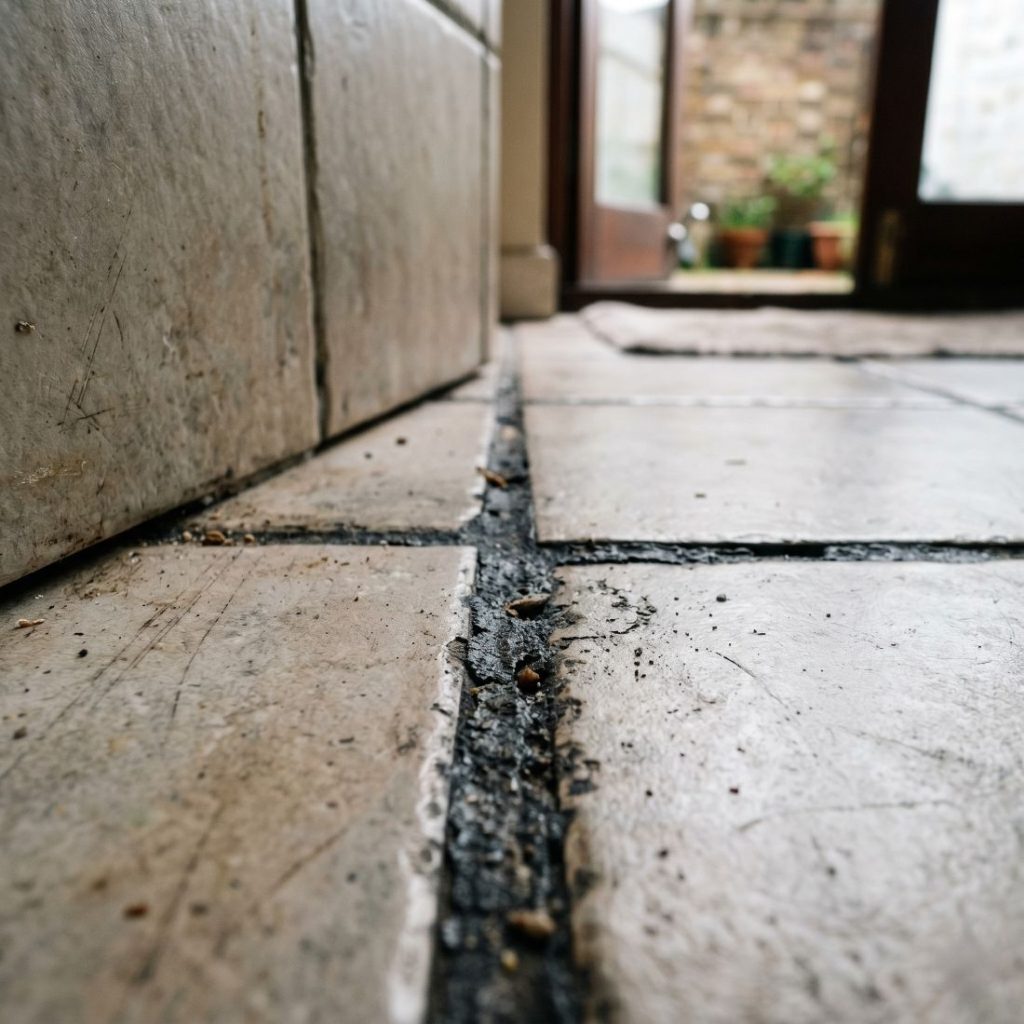 a single section of ceramic floor tiles with slightly worn, slightly blackened grout lines