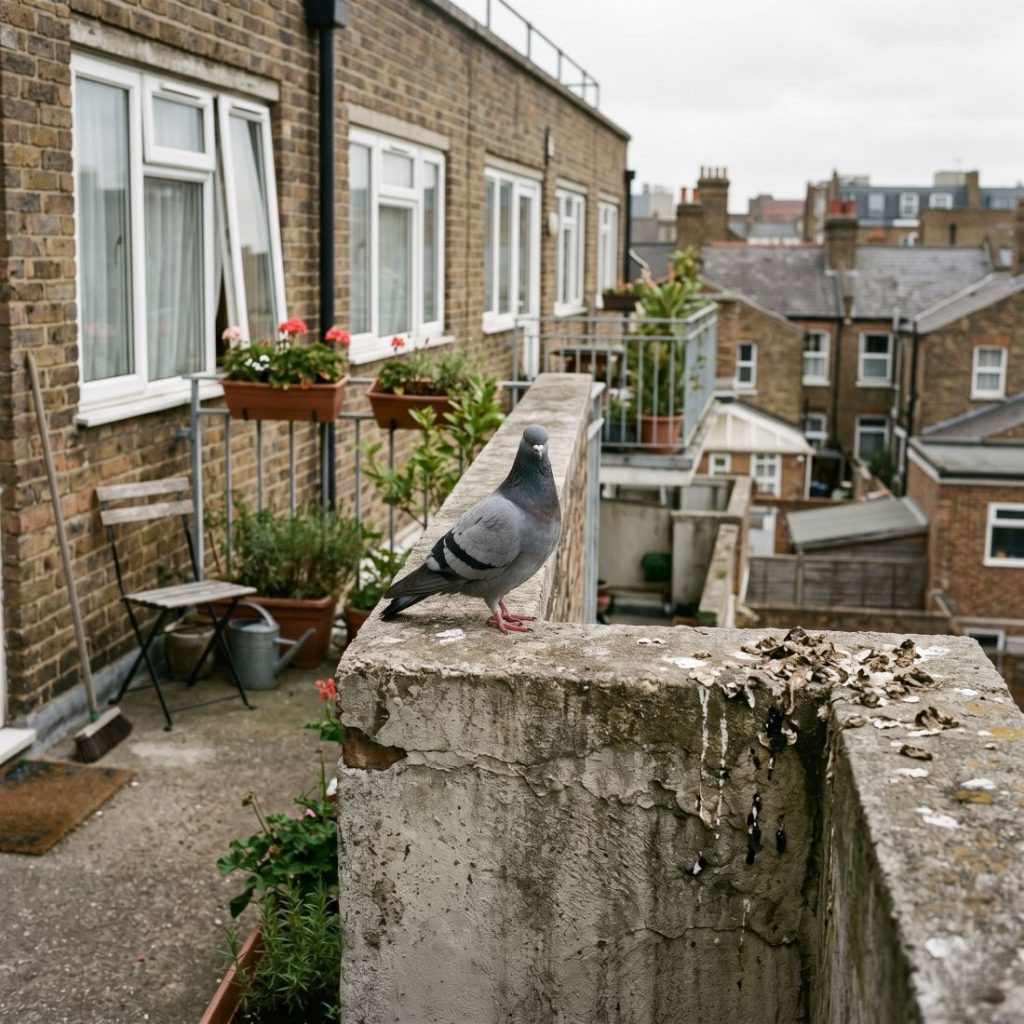 A London pigeon on the concrete railing of a balcony in Hackney