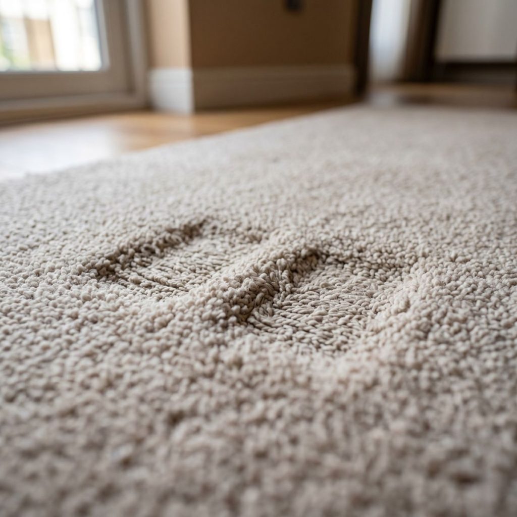 learly visible carpet pile indentation marks left behind after a large, heavy sofa has been moved